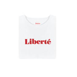 LIBERTÉ BIAŁY T-SHIRT Z CZERWONYM NADRUKIEM - JANINA WARSAW